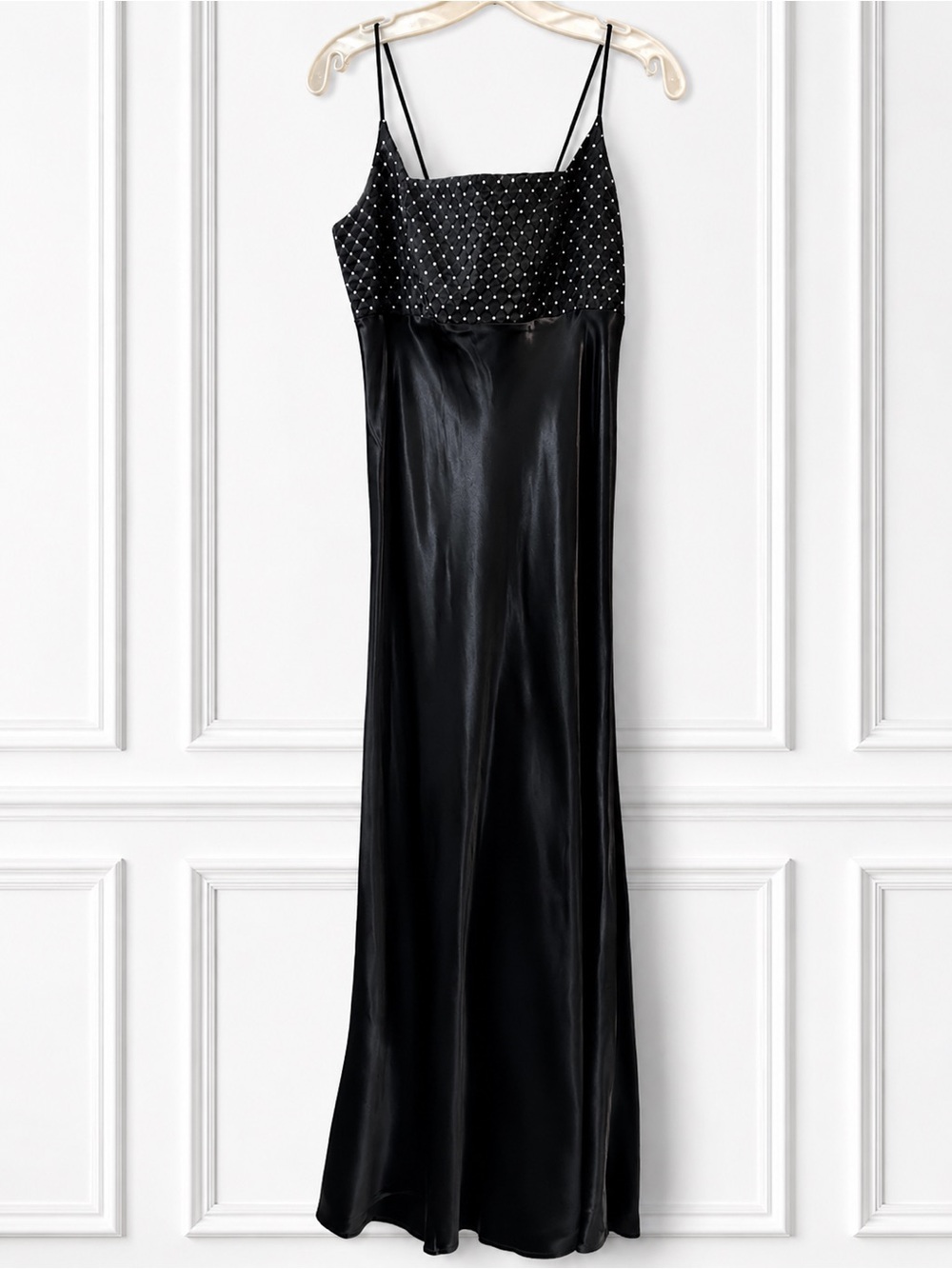 Black Satin Maxi Slip Dress with Embellished Bodice